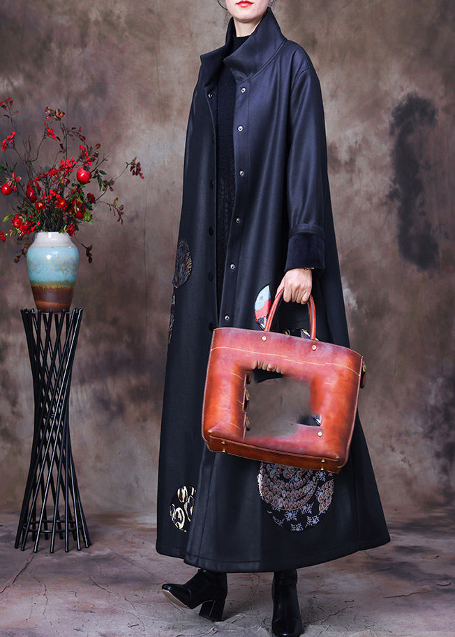 Organic Black Stand Collar Embroideried Floral Button Silk Trench Coats Long Sleeve