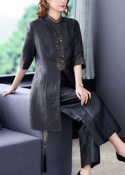 Organic Black Stand Collar Embroideried Silk Tops Summer