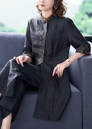 Organic Black Stand Collar Embroideried Silk Tops Summer