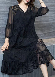 Organic Black V Neck Embroideried Patchwork Tulle Dresses Summer