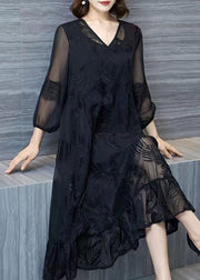 Organic Black V Neck Embroideried Patchwork Tulle Dresses Summer