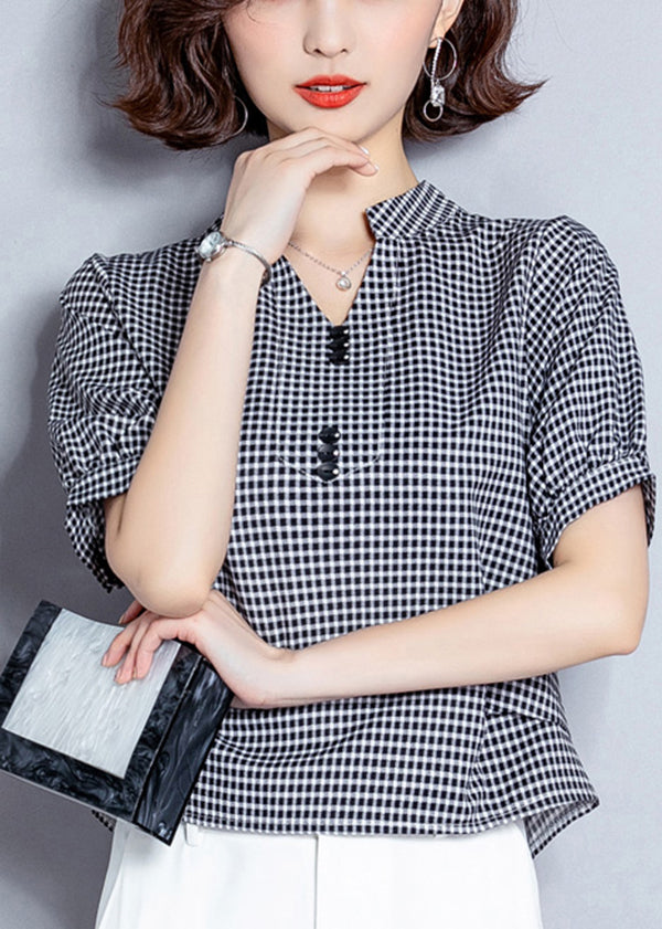 Organic Black V Neck Plaid Chiffon Shirt Lantern Sleeve