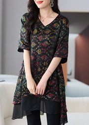 Organic Black V Neck Print Patchwork Chiffon Shirts Summer