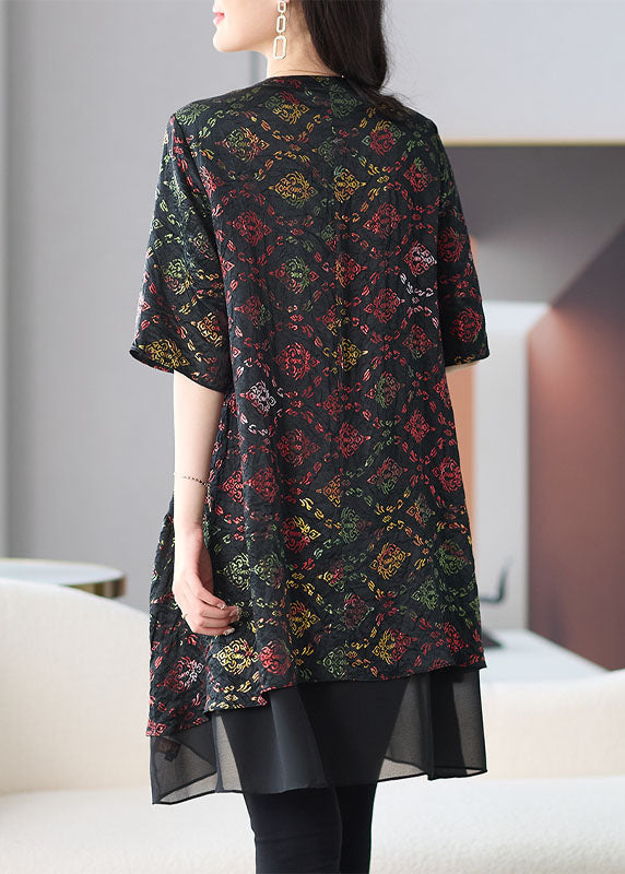 Organic Black V Neck Print Patchwork Chiffon Shirts Summer