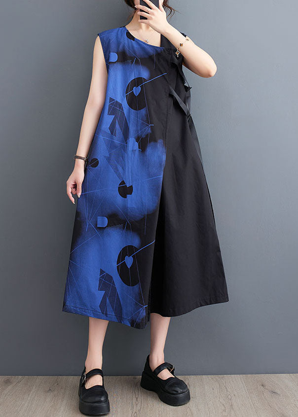 Organic Black V Neck Print Patchwork Cotton Dresses Sleeveless