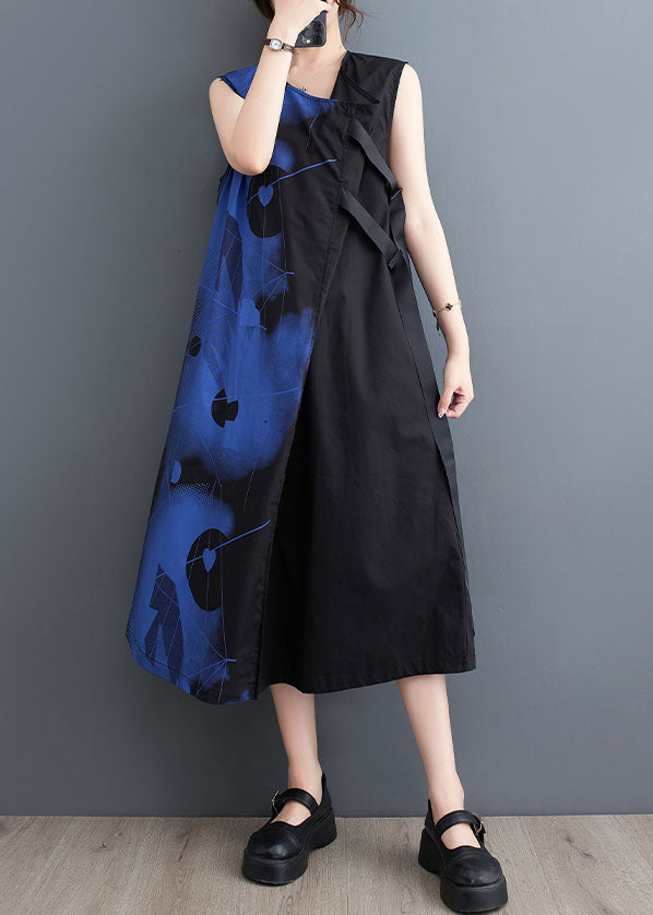 Organic Black V Neck Print Patchwork Cotton Dresses Sleeveless