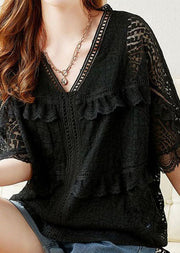 Organic Black V Neck Ruffled Embroideried Patchwork Lace Blouse Summer