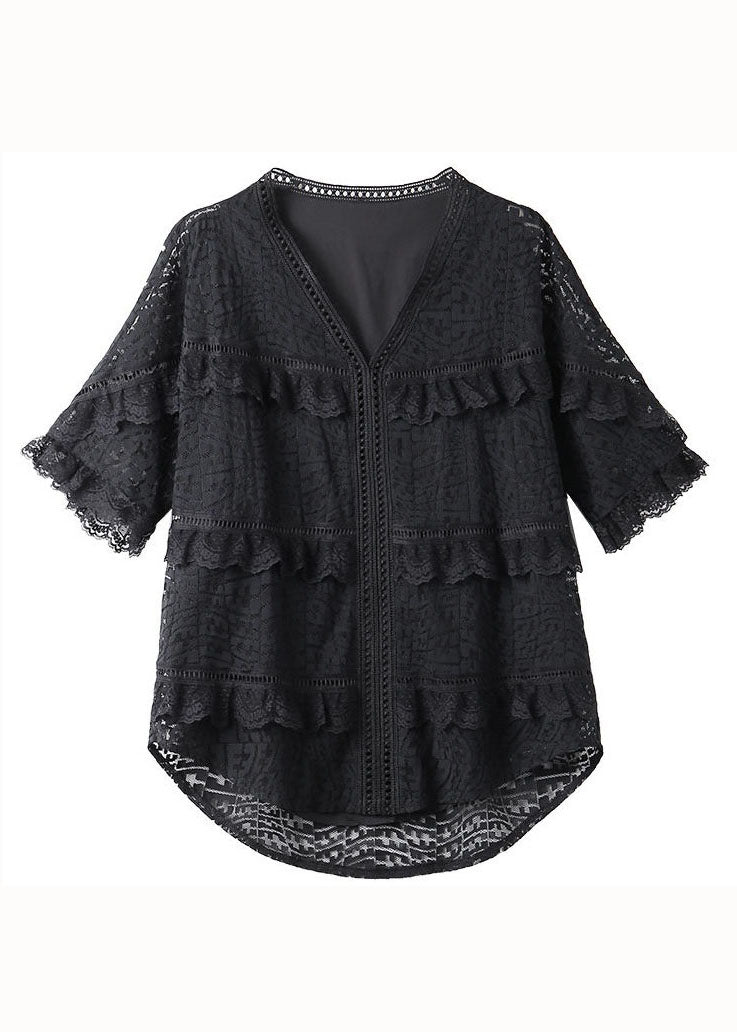 Organic Black V Neck Ruffled Embroideried Patchwork Lace Blouse Summer