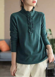 Organic Blackish Green Stand Collar Ruffled Cotton Shirt Tops Spring