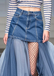 Organic Blue Asymmetrical Patchwork Tulle Denim Skirts Summer