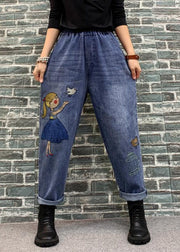 Organic Blue Cartoon Embroideried Pockets Patchwork Denim Crop Pants Spring