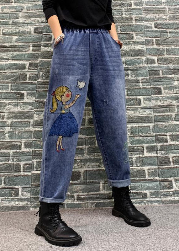 Organic Blue Cartoon Embroideried Pockets Patchwork Denim Crop Pants Spring