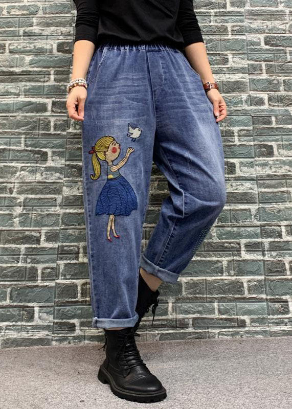 Organic Blue Cartoon Embroideried Pockets Patchwork Denim Crop Pants Spring