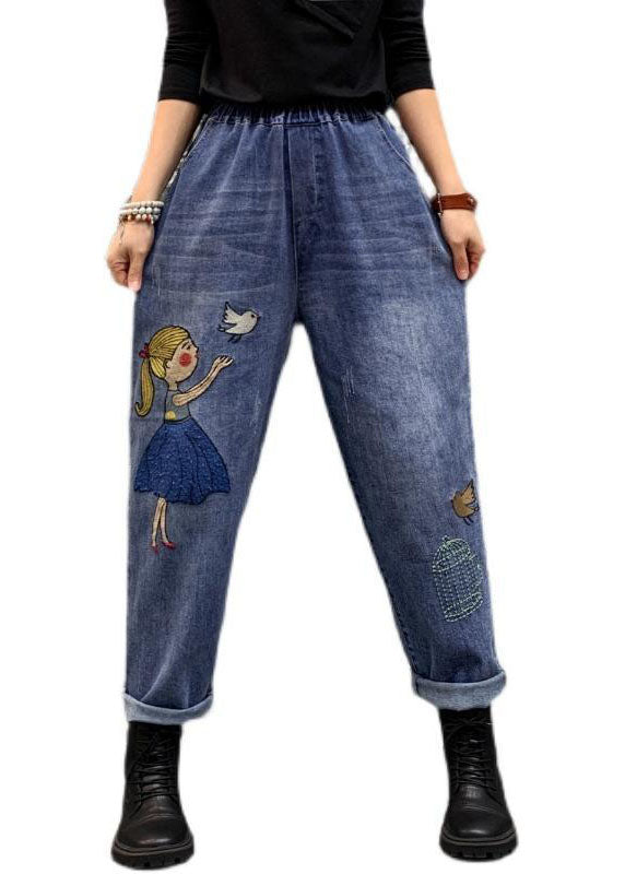 Organic Blue Cartoon Embroideried Pockets Patchwork Denim Crop Pants Spring