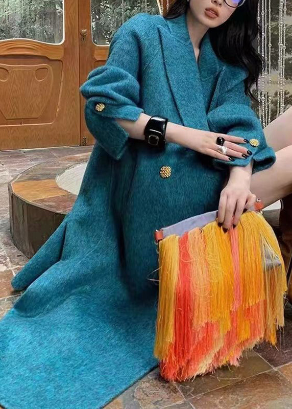 Organic Blue Notched Patchwork Pockets Maxi Woolen Coats Winter