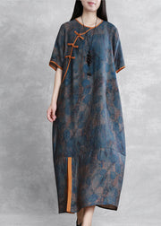 Organic Blue O Neck Print Chinese Button Patchwork Silk Dress Summer