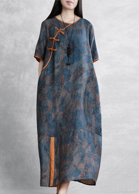 Organic Blue O Neck Print Chinese Button Patchwork Silk Dress Summer