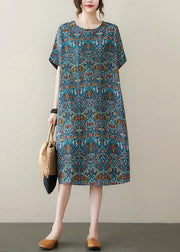 Organic Blue O-Neck Print Cotton Maxi Dresses Summer