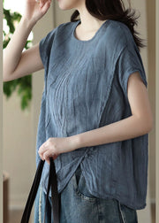 Organic Blue O Neck Wrinkled Patchwork Linen T Shirt Top Short Sleeve