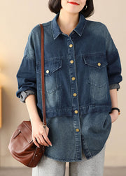 Organic Blue Oversized Patchwork Pockets Cotton Denim Coats Spring