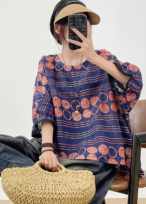 Organic Blue Oversized Print Linen Shirts Bracelet Sleeve