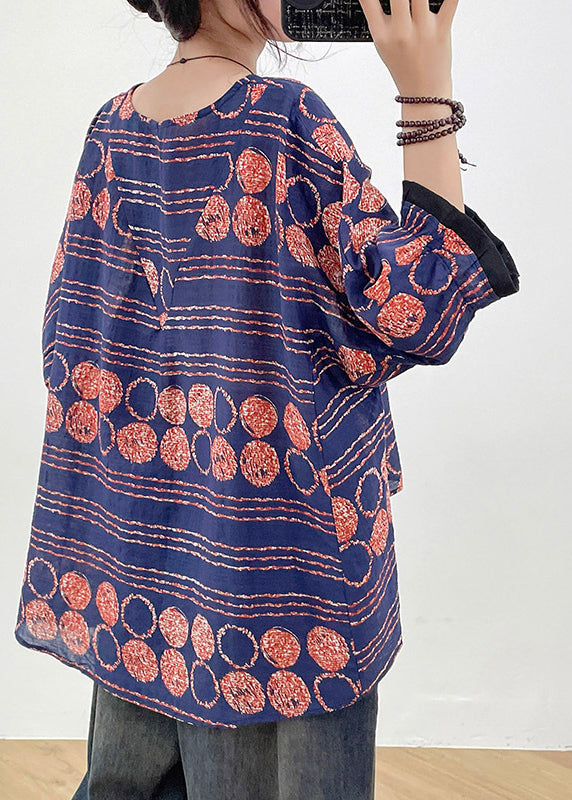 Organic Blue Oversized Print Linen Shirts Bracelet Sleeve