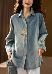 Organic Blue Peter Pan Collar Embroidered Denim Coat Top Fall