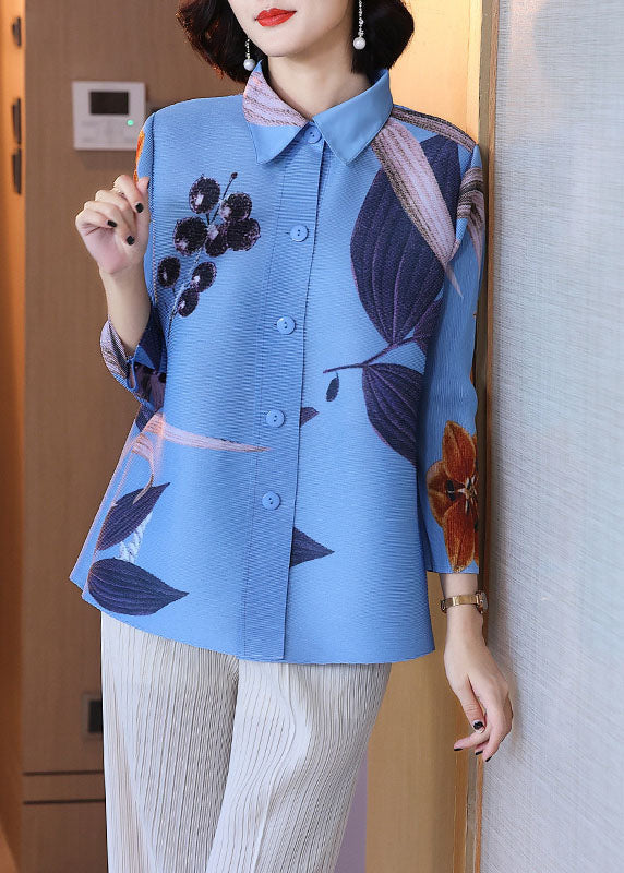 Organic Blue Peter Pan Collar Print Shirt Fall