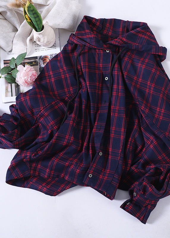 Organic Blue Plaid Drawstring Button Hooded Tops Long Sleeve