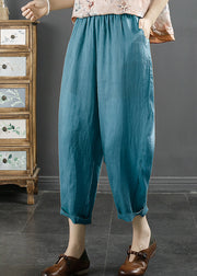 Organic Blue Pockets Elastic Waist Linen Crop Pants Summer