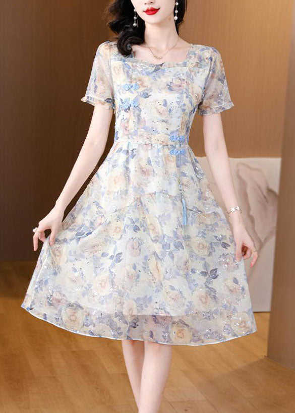 Organic Blue Ruffled Print Chiffon Dresses Summer