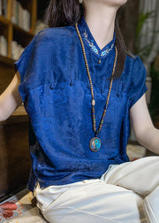 Organic Blue Stand Collar Embroideried Button Silk Top Short Sleeve