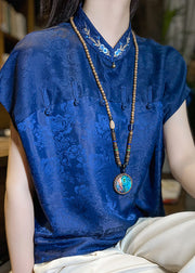 Organic Blue Stand Collar Embroideried Button Silk Top Short Sleeve