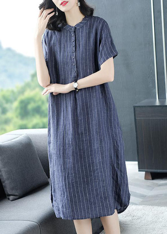 Organic Blue Striped Button Pockets Patchwork Cotton Dress Summer