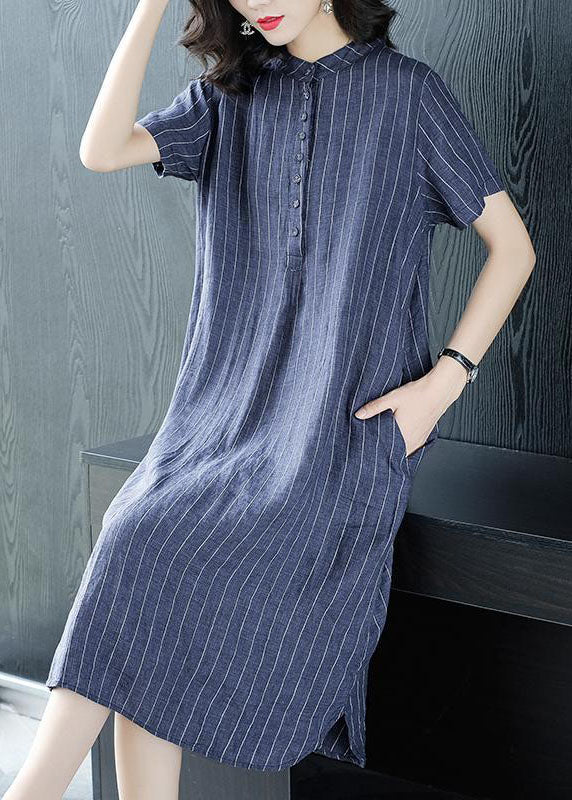 Organic Blue Striped Button Pockets Patchwork Cotton Dress Summer