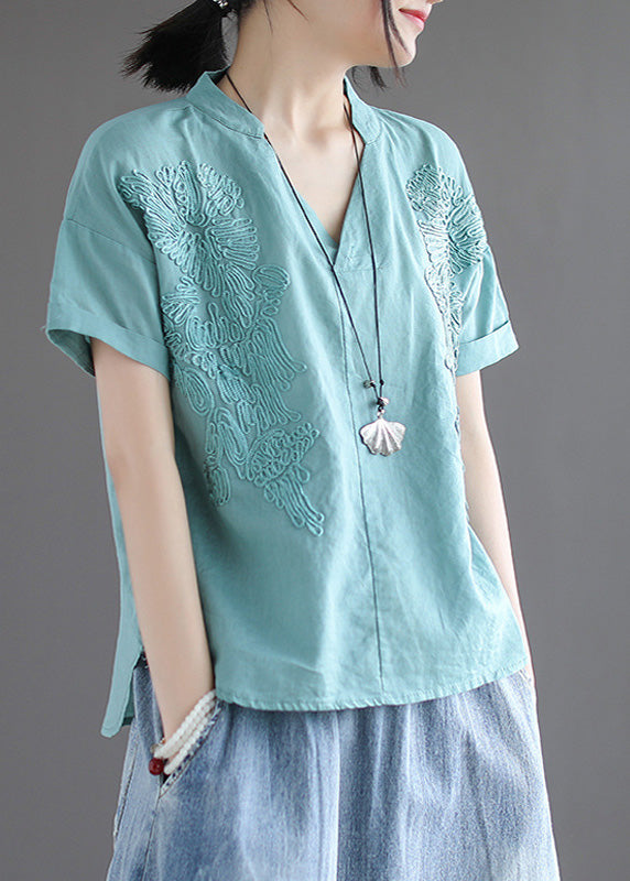 Organic Blue V Neck Embroideried Low High Design Solid Shirts Summer