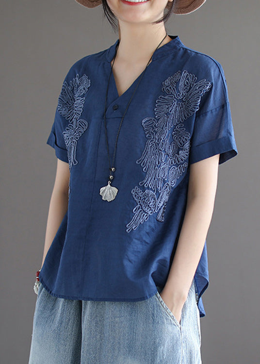 Organic Blue V Neck Embroideried Low High Design Solid Shirts Summer