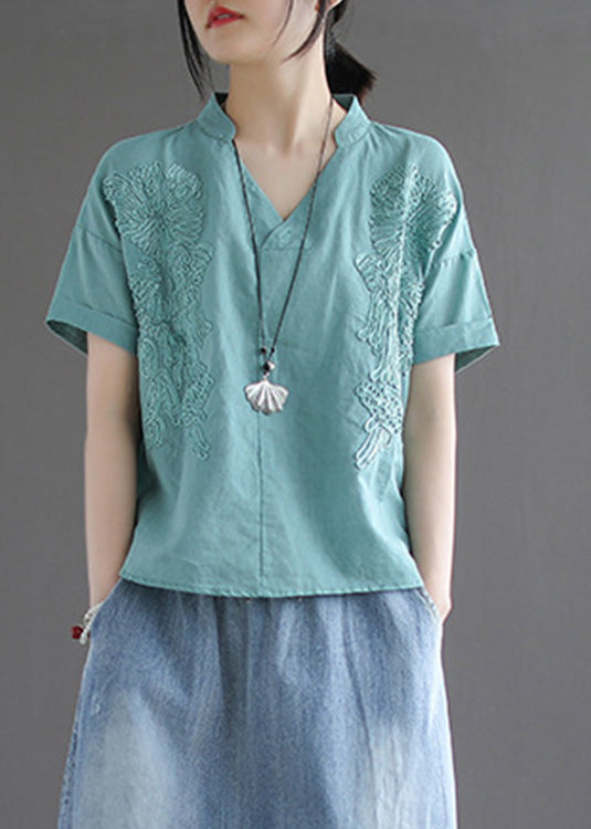 Organic Blue V Neck Embroideried Low High Design Solid Shirts Summer