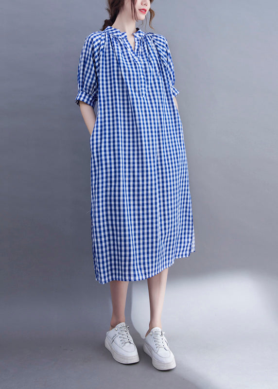 Organic Blue V Neck Plaid Cotton Long Dress Summer