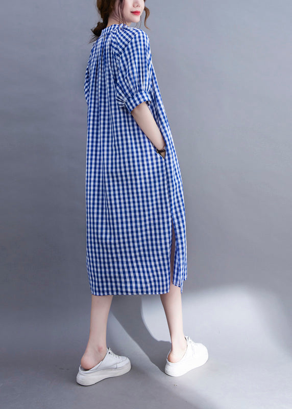 Organic Blue V Neck Plaid Cotton Long Dress Summer