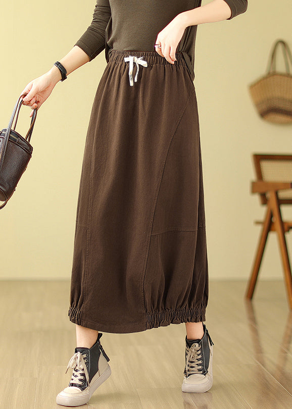 Organic Brown Elastic Waist Patchwork Wrinkled Cotton Skirts Spring