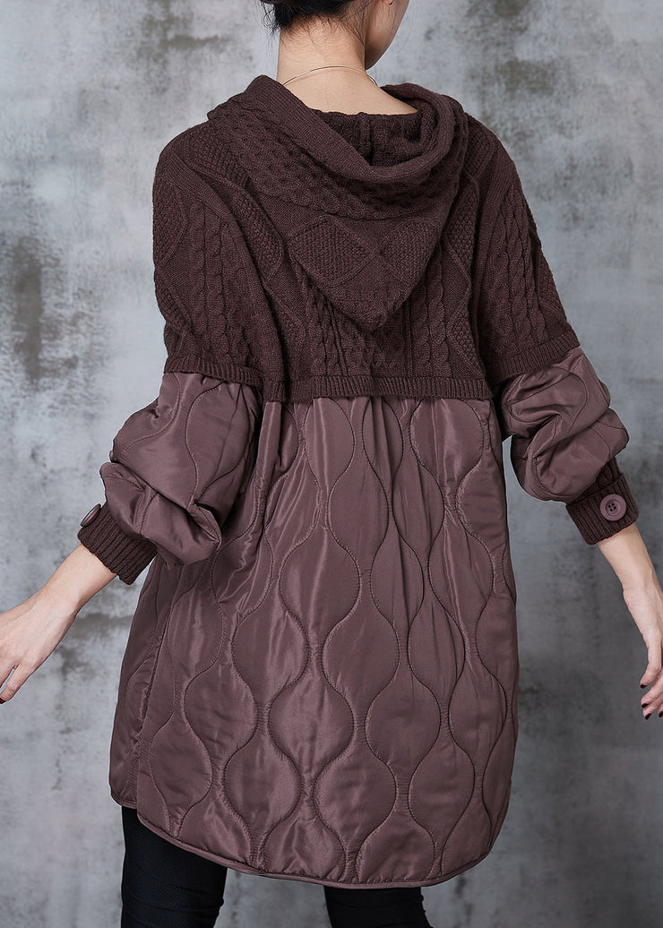 Organic Brown Hooded Patchwork Knit Sweatshirts Dress Spring