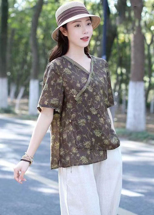 Organic Brown V Neck Print Lace Up Patchwork Linen Top Summer