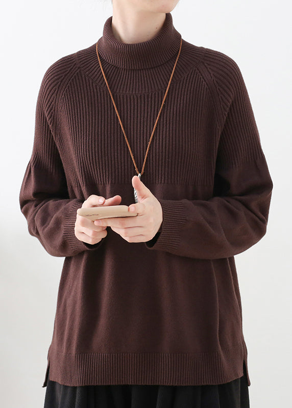 Organic Chocolate Colour Turtleneck Thick Knit Sweaters Long Sleeve