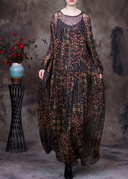 Organic Chocolate O-Neck Print Maxi Dress And Suspenders Two Pieces Set Fall