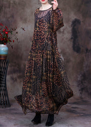 Organic Chocolate O-Neck Print Maxi Dress And Suspenders Two Pieces Set Fall