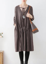 Organic Chocolate V Neck Striped Knitted Cotton Thread Maxi Dress Fall