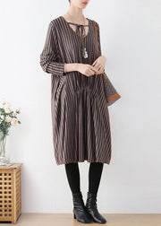 Organic Chocolate V Neck Striped Knitted Cotton Thread Maxi Dress Fall