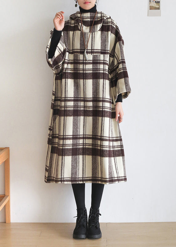 Organic Chocolate White Colour Plaid Pockets Cotton Maxi Hooded Dresses Long Sleeve