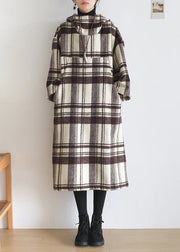 Organic Chocolate White Colour Plaid Pockets Cotton Maxi Hooded Dresses Long Sleeve